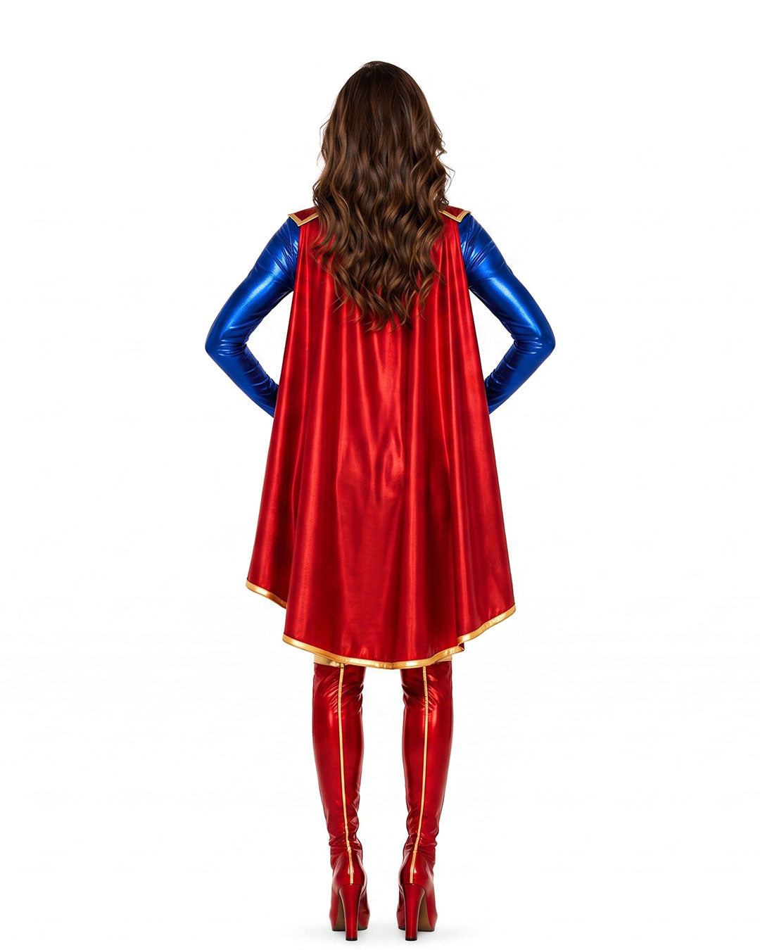 A woman shown from the back wearing a shiny red cape costume with blue sleeves and red thigh-high boots, standing against a plain white background.