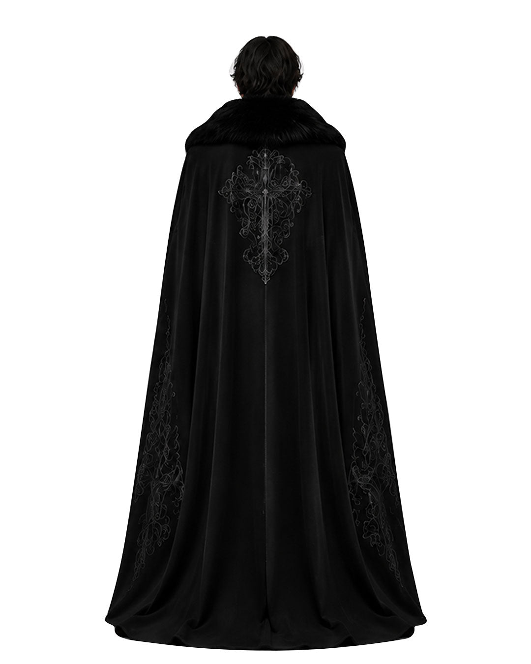 Back view of men’s black Gothic vampire cloak with fur-style collar, flowing floor-length cape and ornate tonal cross design.