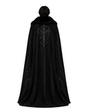 Back view of men’s black Gothic vampire cloak with fur-style collar, flowing floor-length cape and ornate tonal cross design.