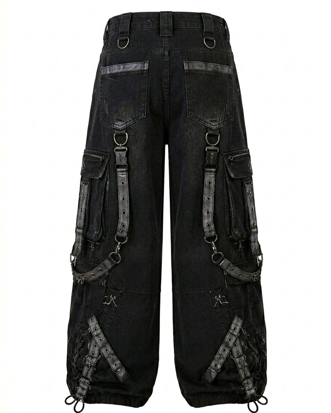 Back view of buckle strap cargo pants, product only