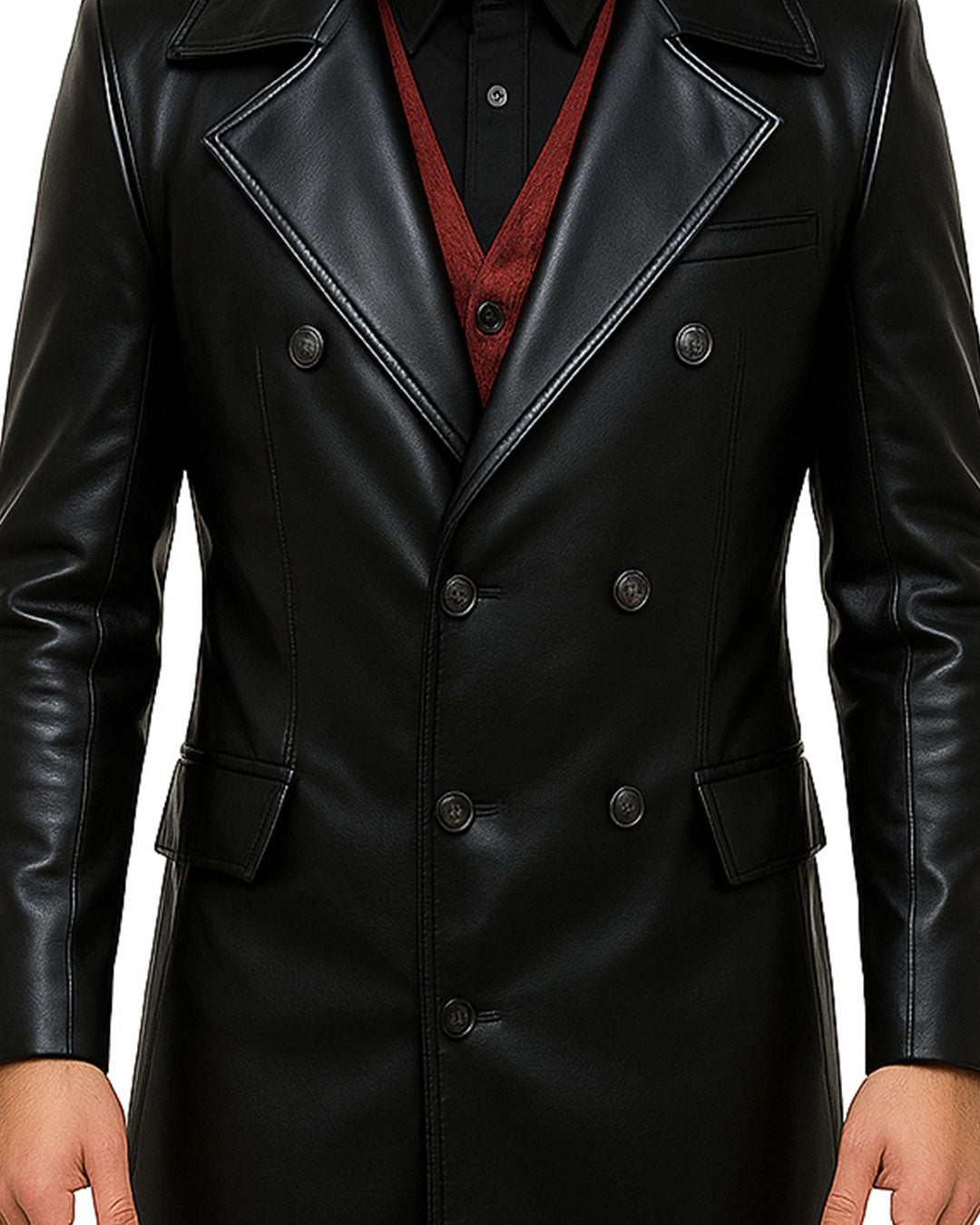 Men’s black gothic fashion leather trench coat with double-breasted buttons and tailored fit