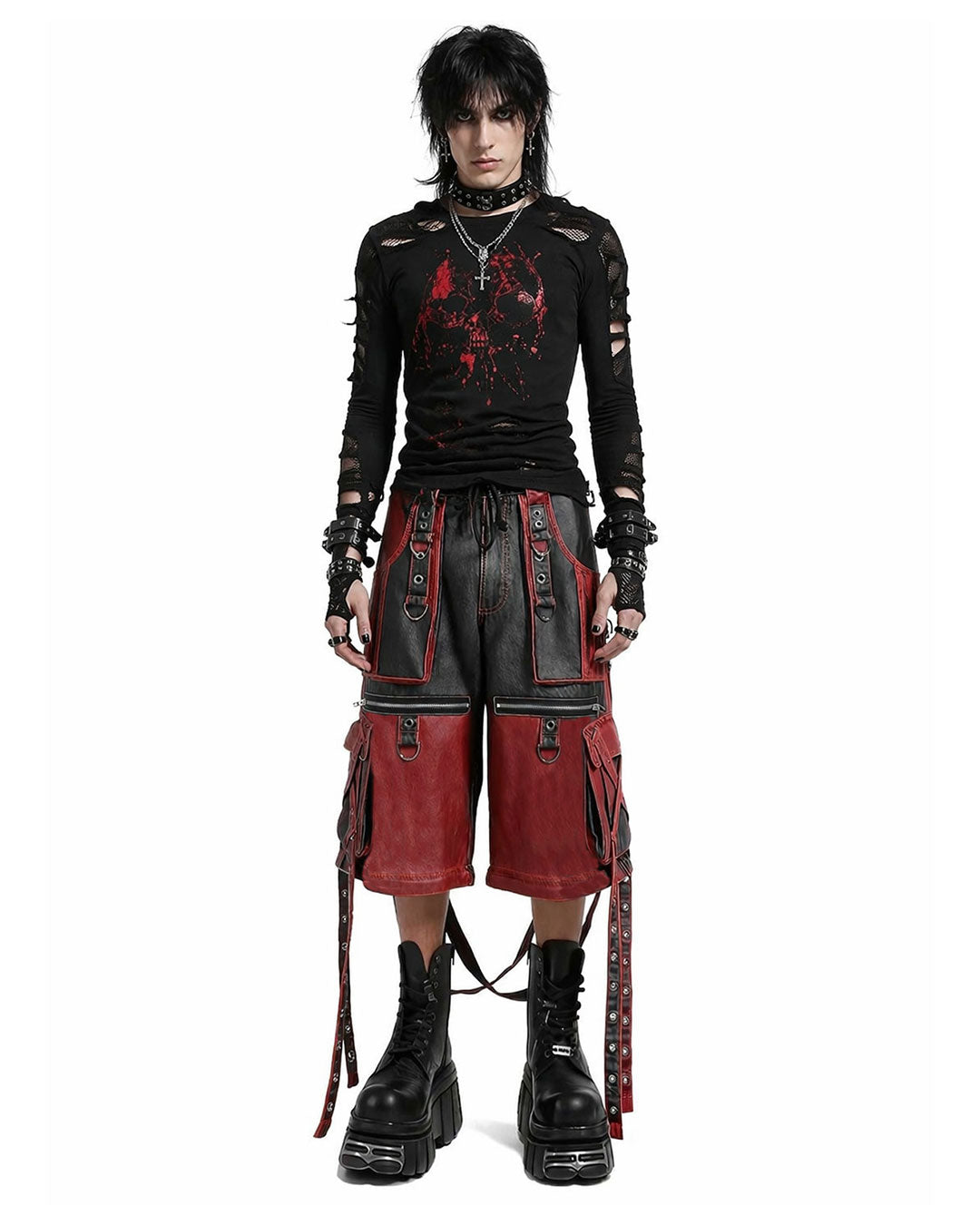 Men's wide-leg gothic leather pants with buckle straps and red-black contrast panels