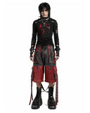 Men's wide-leg gothic leather pants with buckle straps and red-black contrast panels