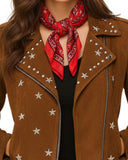 Brown suede studded moto jacket with star-shaped metallic studs and zipper details, styled with a red patterned neck scarf