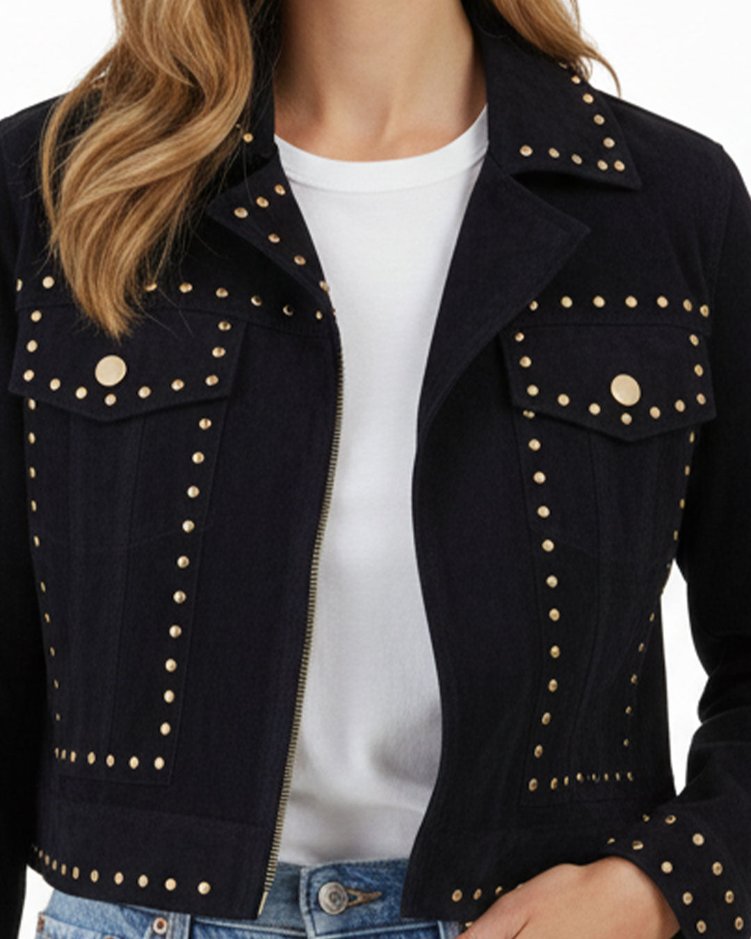 Navy Blue Suede Cropped Studded Jacket