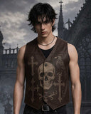 Raven Skull Leather Vest in brown leather with gothic skull, raven, and cross design for dark streetwear style