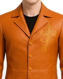 Men’s orange leather long jacket tailcoat with gold embroidery and matte finish
