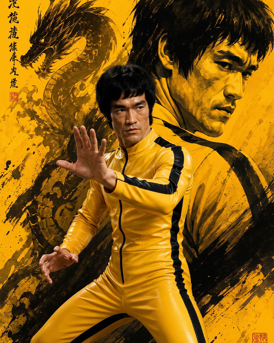 A stylized poster-like artwork featuring Bruce Lee in a yellow martial arts outfit with black trim, posed in front of a large yellow background with a dragon illustration and a faded portrait of himself.