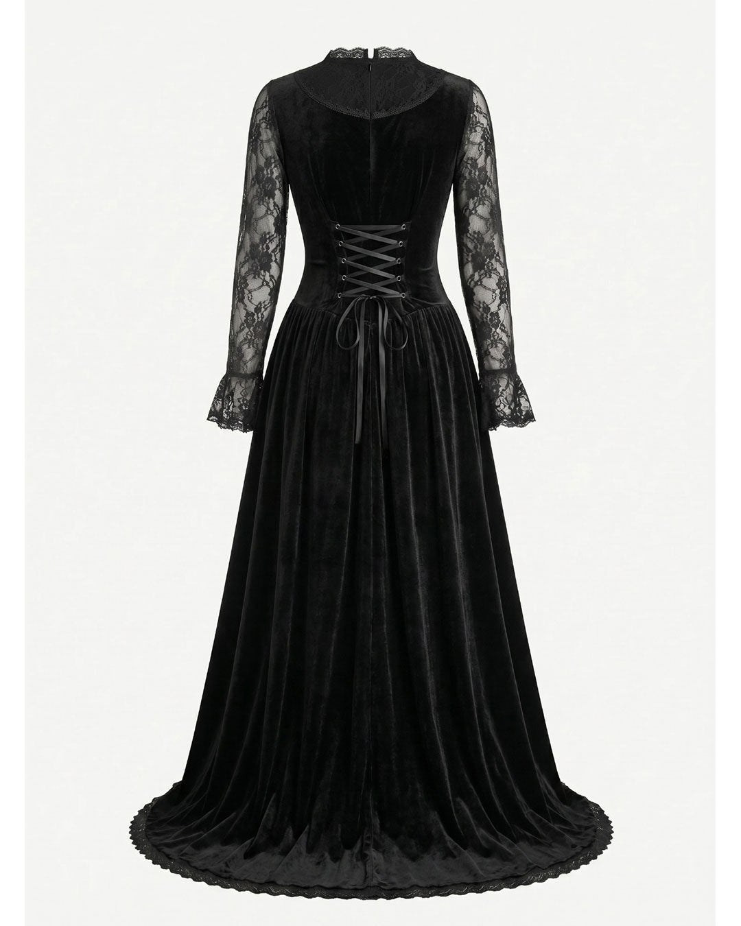 Midnight Widow Gothic Vampire Costume Dress front view in black velvet with lace sleeves