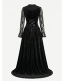 Midnight Widow Gothic Vampire Costume Dress front view in black velvet with lace sleeves