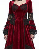 Crimson Horn Gothic Devil Halloween Costume Dress front view in red velvet with black lace