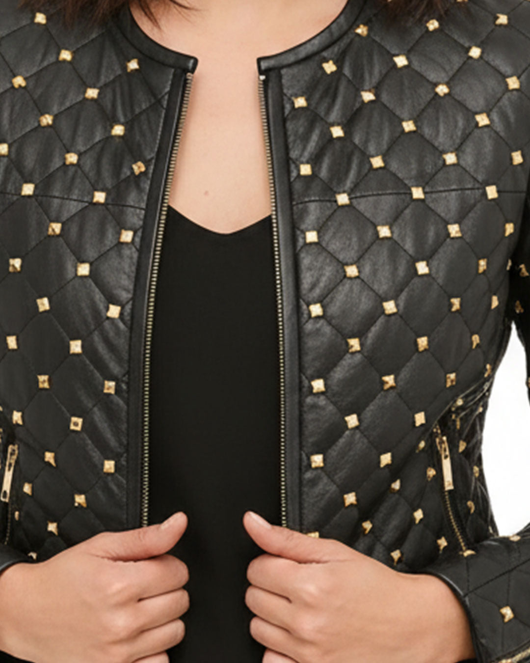 Women's Black Quilted Leather Jacket with Gold Studded Accents