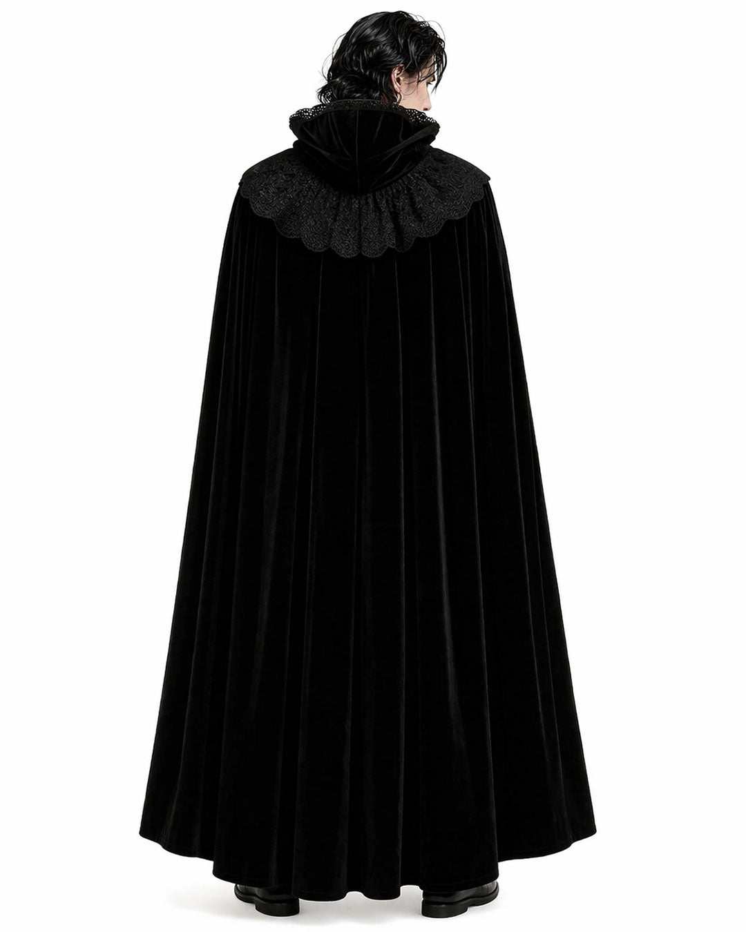 Black stand collar gothic cloak in luxurious velvet with ornate clasps and flowing full-length design