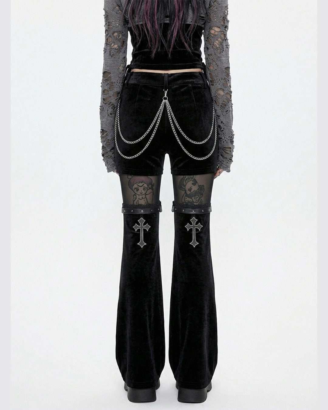 ROMWE Goth Velvet & Mesh Chain Pants – Cross Embroidery Women’s Trousers