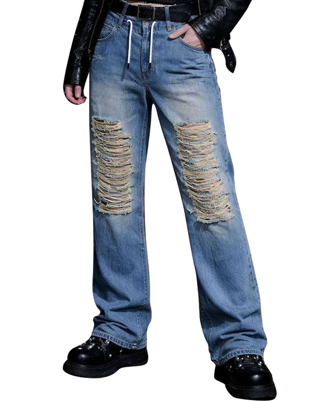 Distressed baggy jeans for men with relaxed wide-leg fit and ripped detailing