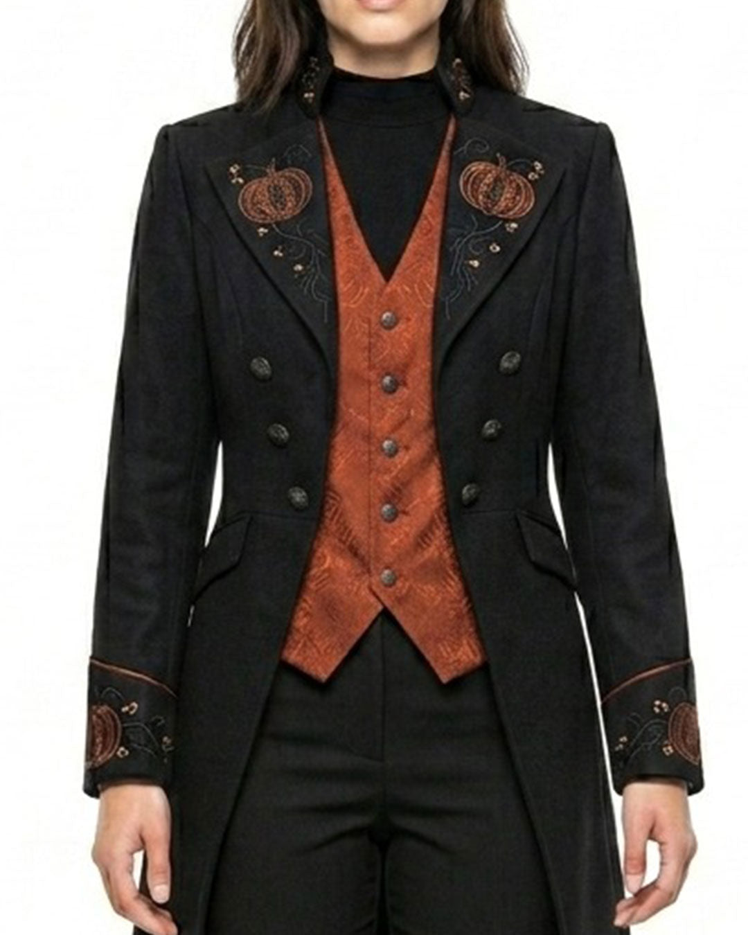 Women’s steampunk tailcoat in black with orange vest panel and pumpkin embroidery on front