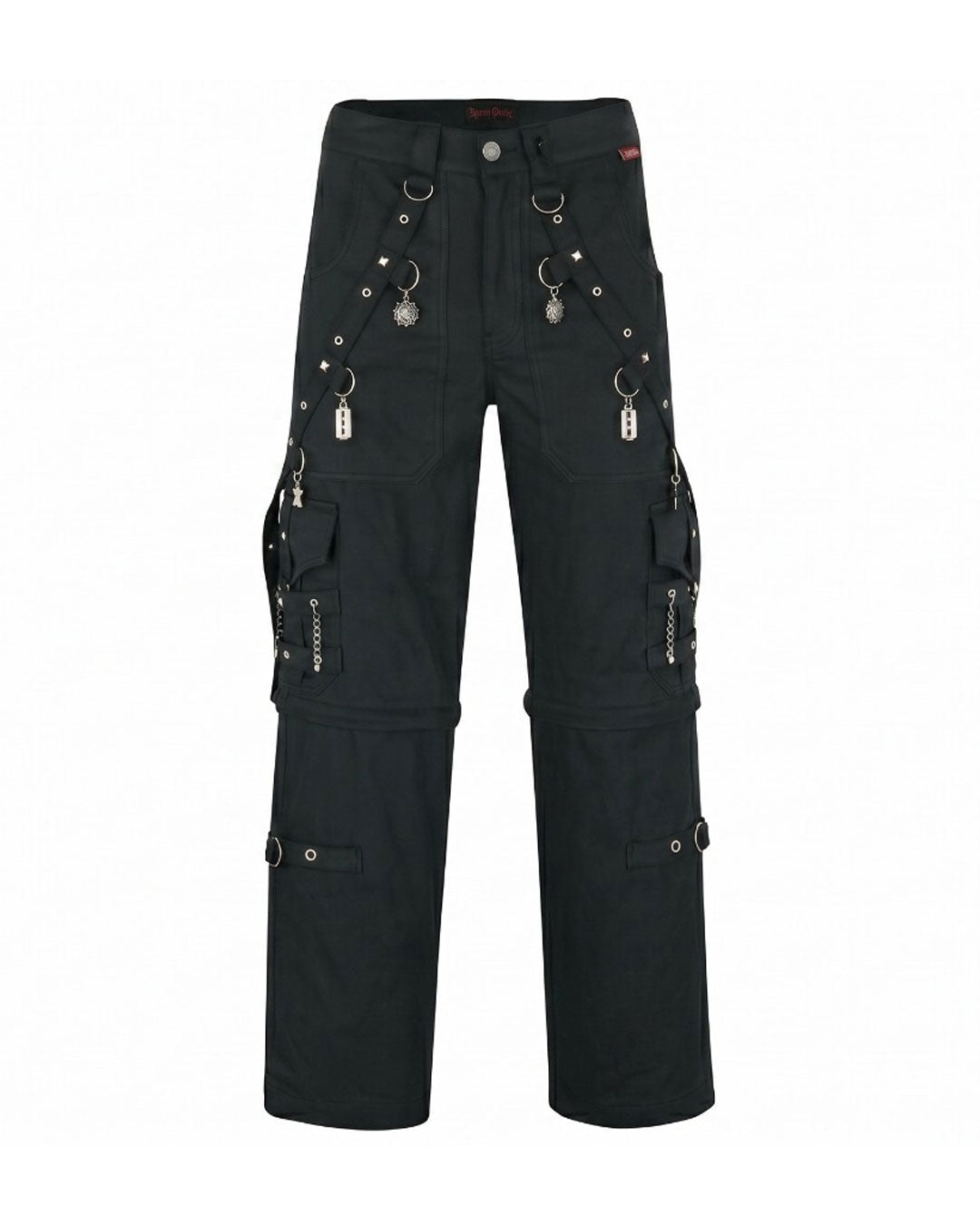 Black gothic cargo pants with spider web detailing and metallic side accents, side view