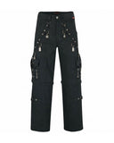 Black gothic cargo pants with spider web detailing and metallic side accents, side view