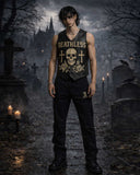Deathless Skull Leather Vest with gothic skull and roses design in black faux leather for edgy streetwear style