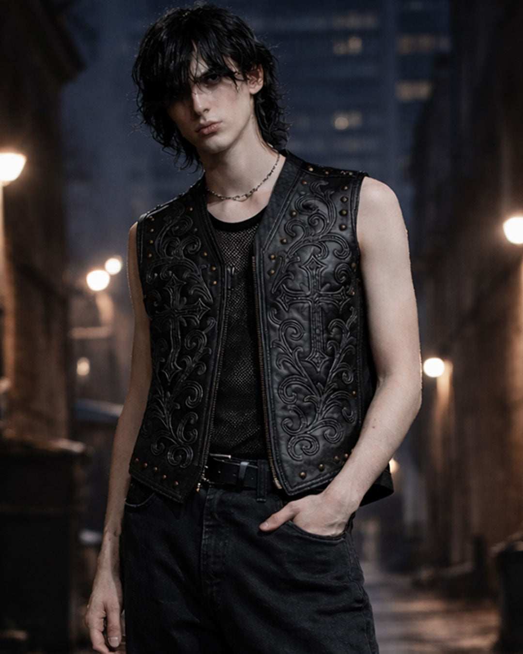 Men's edgy biker style black studded faux leather vest with gothic embroidery and cross detailing