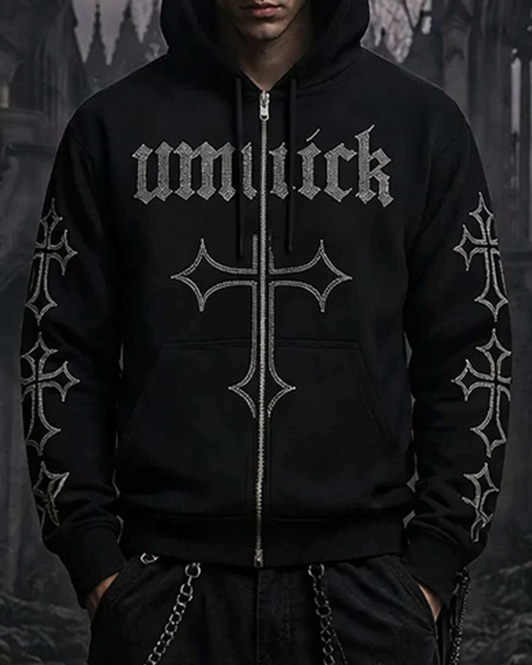 Unisex black hoodie with gothic rhinestone cross and spider-web hood detailing