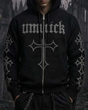 Unisex black hoodie with gothic rhinestone cross and spider-web hood detailing