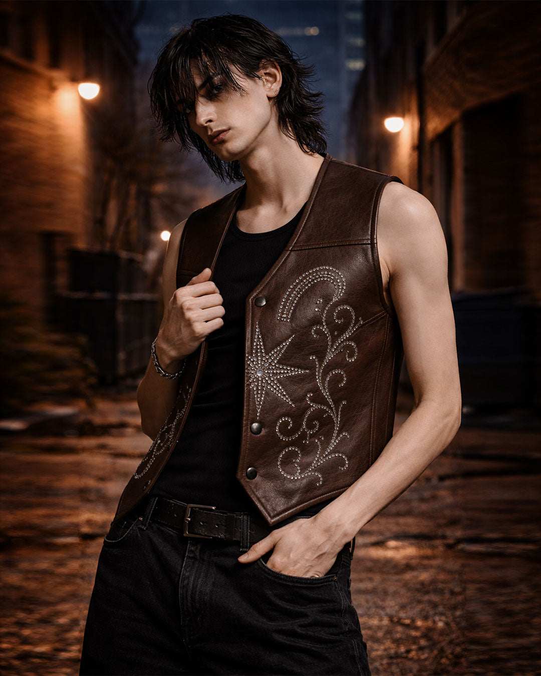 Brown gothic western Star Studded Leather Vest with intricate star studwork by TRIPPPRS