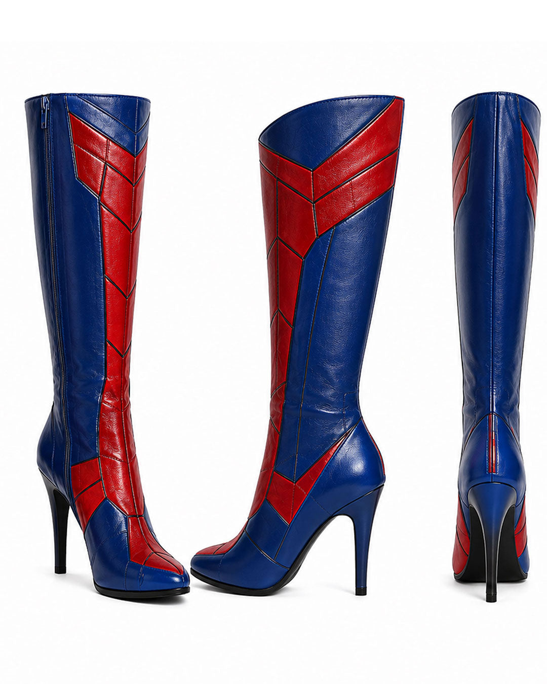 Knee-high red and blue faux leather superhero cosplay boots with a sleek pointed toe, high stiletto heel, side zip closure, and sharp geometric panel detailing inspired by web-patterned superhero suits, shown from front, side, and back angles.