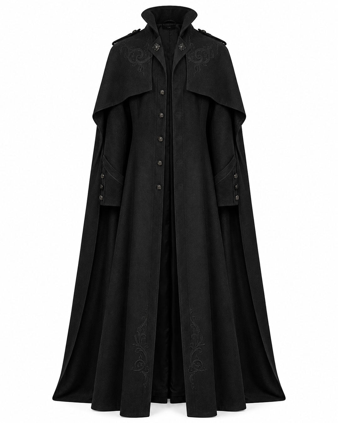 Men’s medieval Renaissance costume cloak in black with high collar, shoulder cape, button front and floor-length gothic silhouette.