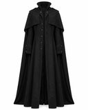 Men’s medieval Renaissance costume cloak in black with high collar, shoulder cape, button front and floor-length gothic silhouette.