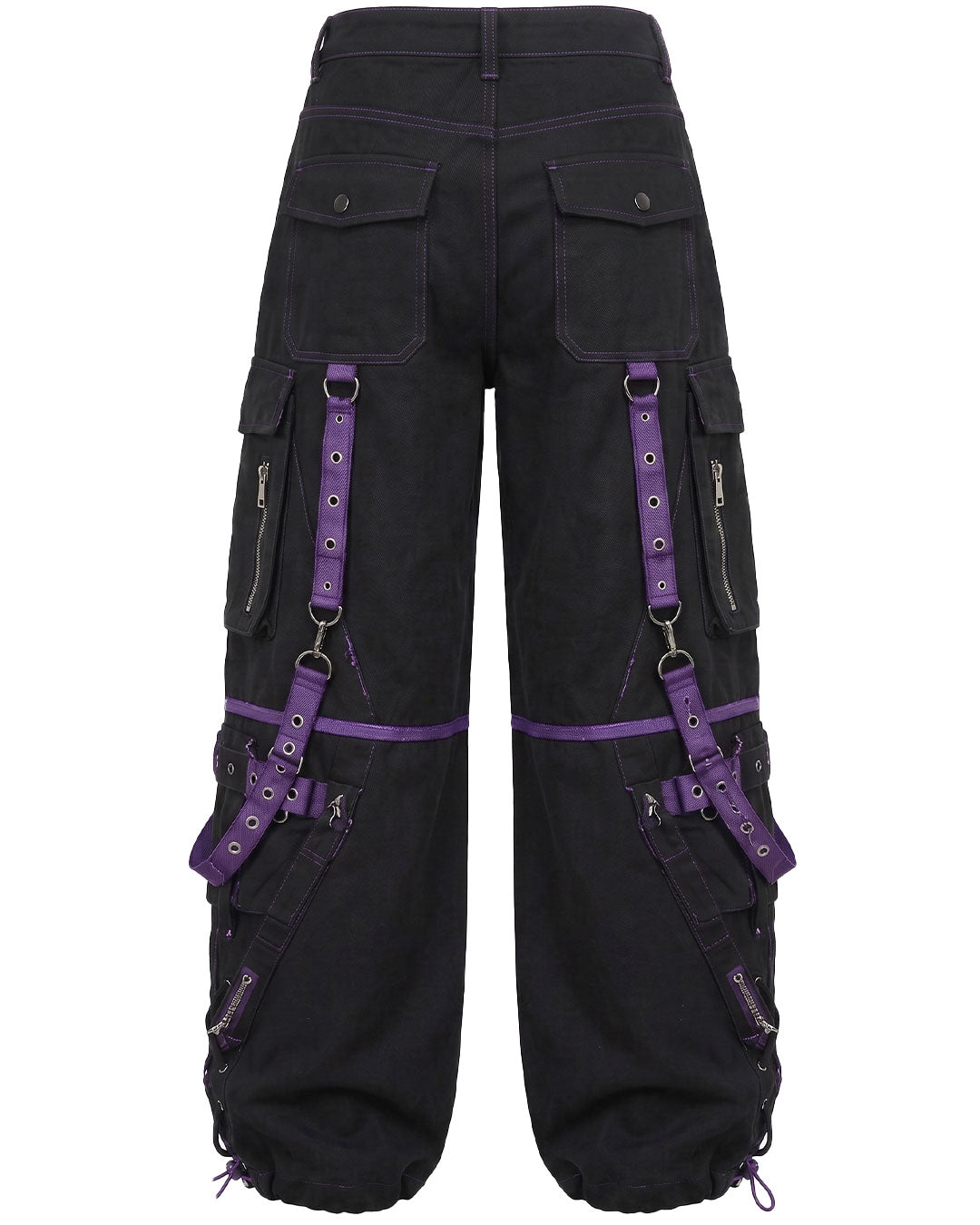 Back view of gothic cargo pants with buckle straps, product only