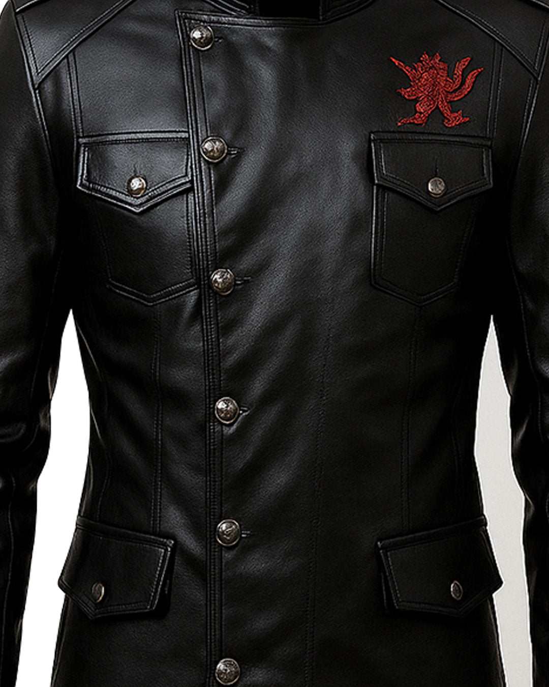 Men’s black faux leather jacket with red dragon embroidery and metal button details