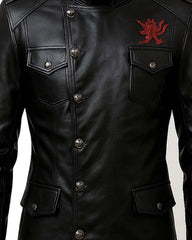 Men’s black faux leather jacket with red dragon embroidery and metal button details