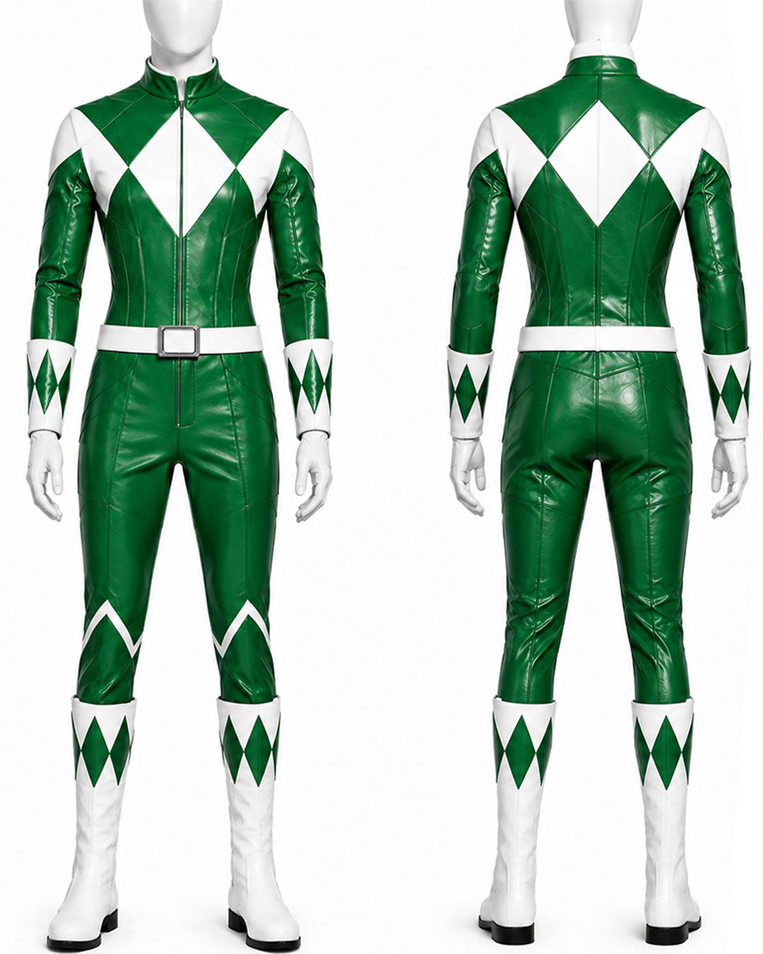 Green and white Power Ranger costume shown on a mannequin from the front and back, featuring a glossy faux-leather finish, white boots, and diamond-shaped chest and leg accents.