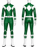Green and white Power Ranger costume shown on a mannequin from the front and back, featuring a glossy faux-leather finish, white boots, and diamond-shaped chest and leg accents.