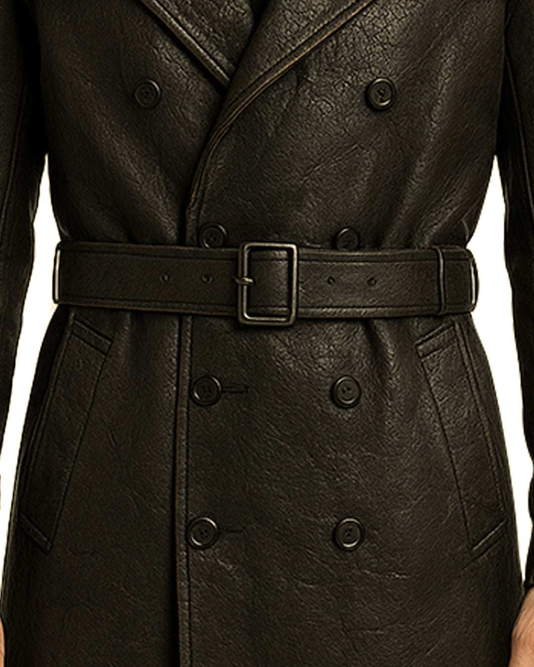 Close-up of black gothic cross leather trench coat with double-breasted buttons and belted waist
