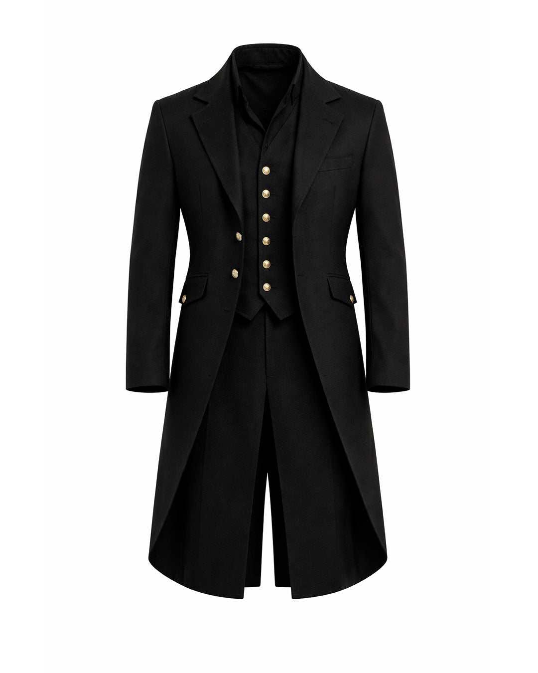 Gothic Victorian men's tailcoat with high collar and dramatic back tail in premium fabric