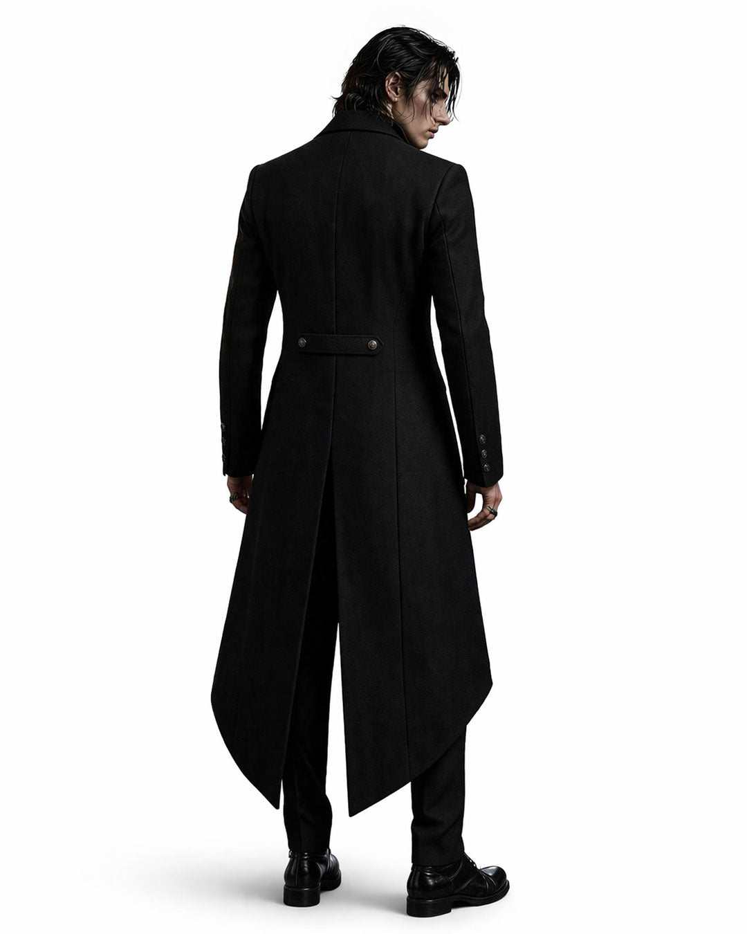 Gothic Victorian men's tailcoat with high collar, slim fit, and long back tail