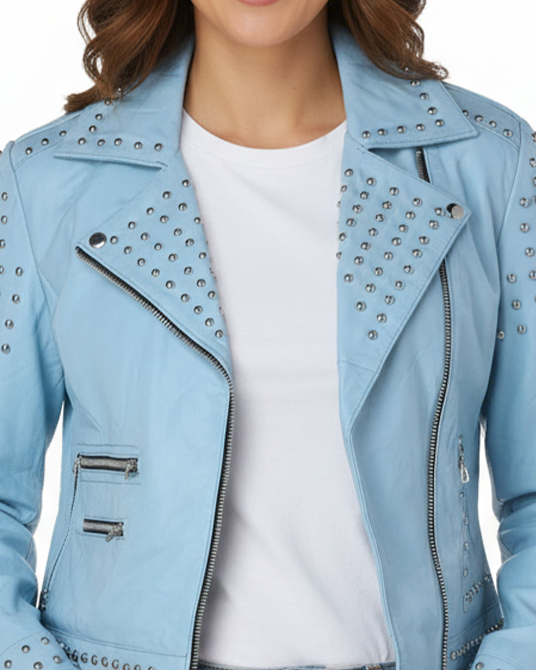 Punk Women's Studded Leather Jacket - Sky Blue