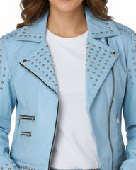 Punk Women's Studded Leather Jacket - Sky Blue