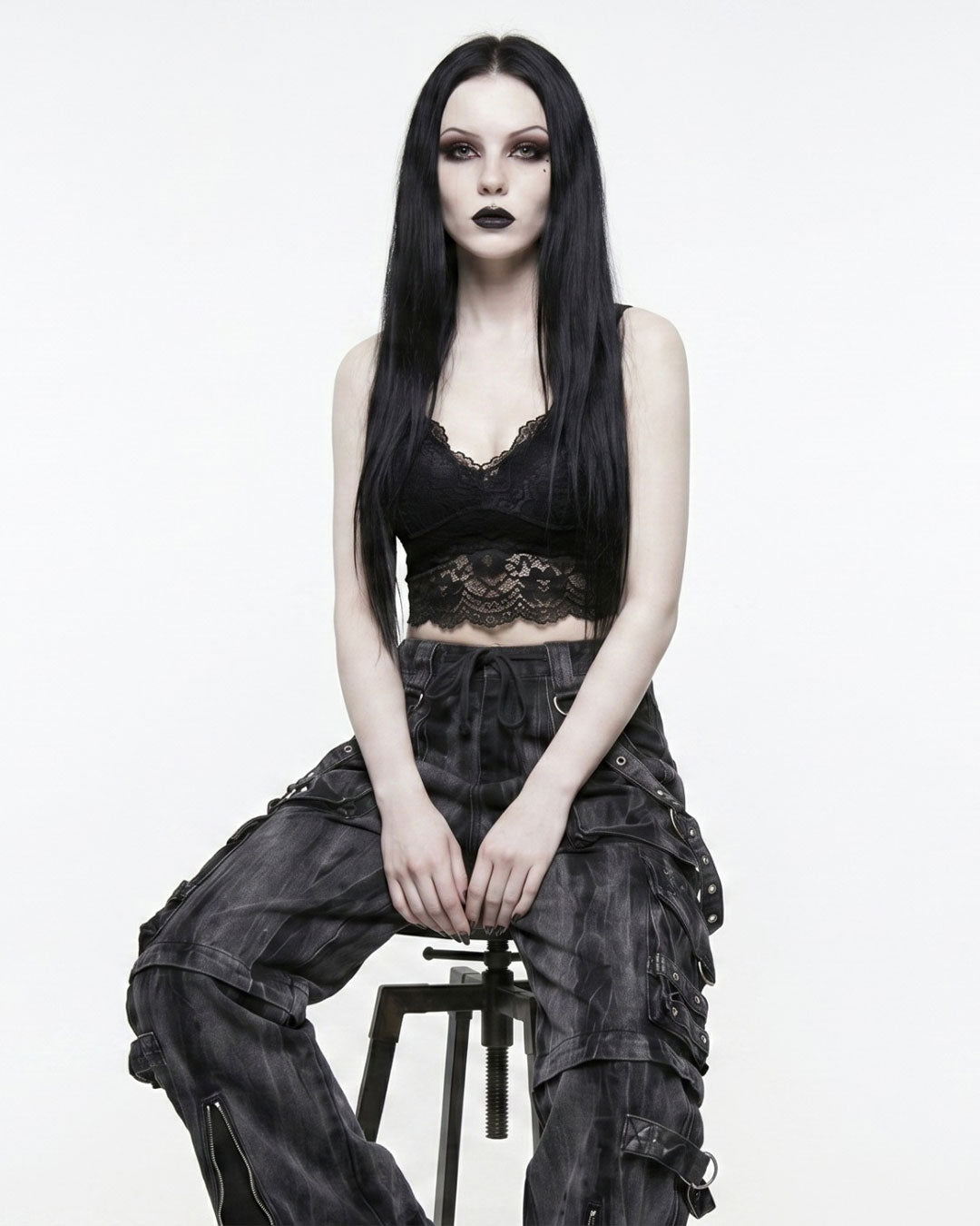 Black Acid Wash Gothic Cargo Pants – Distressed Wide-Leg Rave Trousers