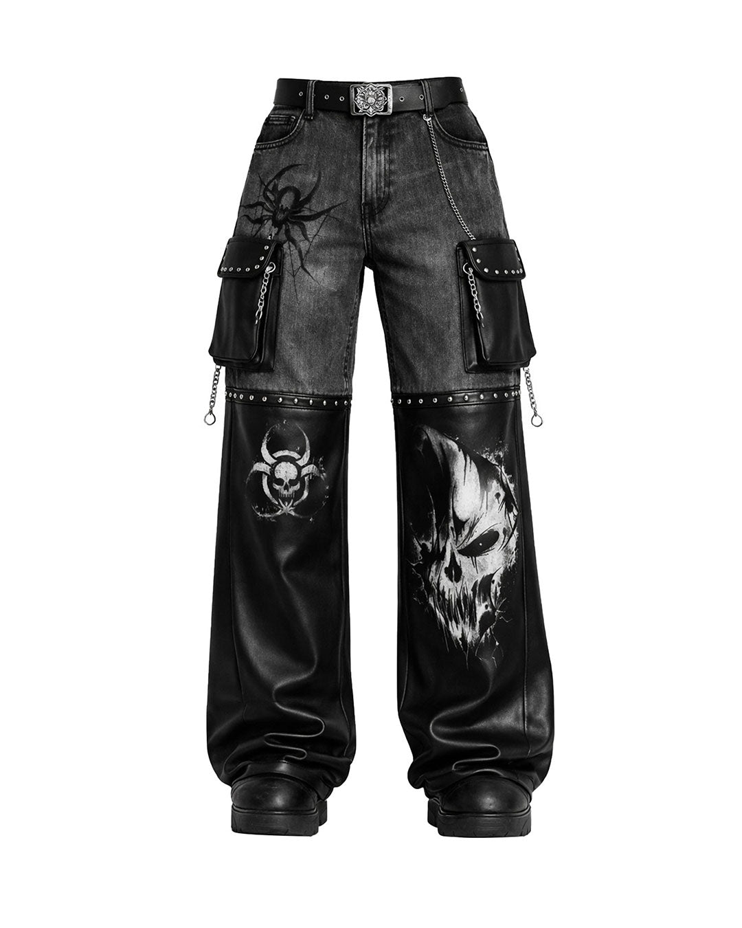 Men's gothic chain pants with utility pockets and metal hardware, alternate front view