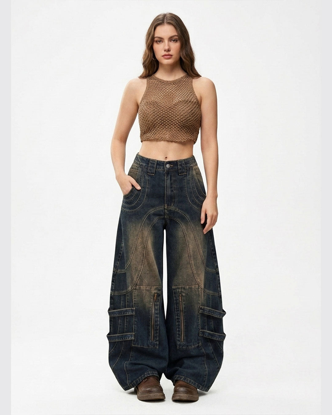 Women's Loose Fit Baggy Jeans – Button Pocket & Zipper Embellished