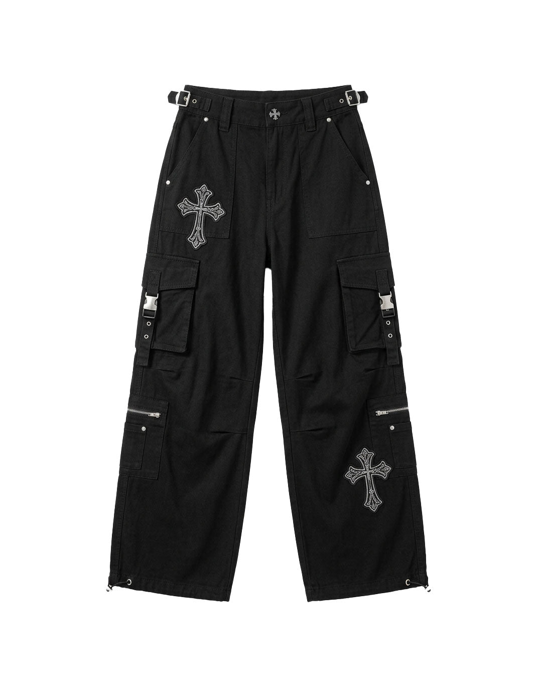 Women's Gothic Black Cargo Pants with Cross Embroidery