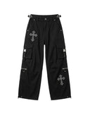 Women's Gothic Black Cargo Pants with Cross Embroidery