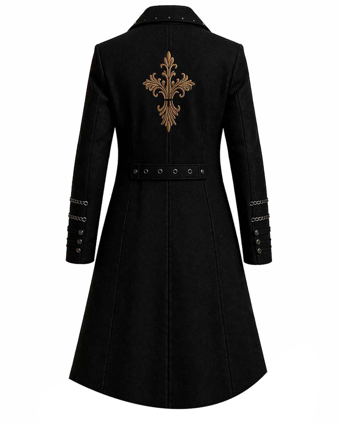 Men's obsidian crest gothic long coat with embroidery and adjustable belt in gothic fashion style
