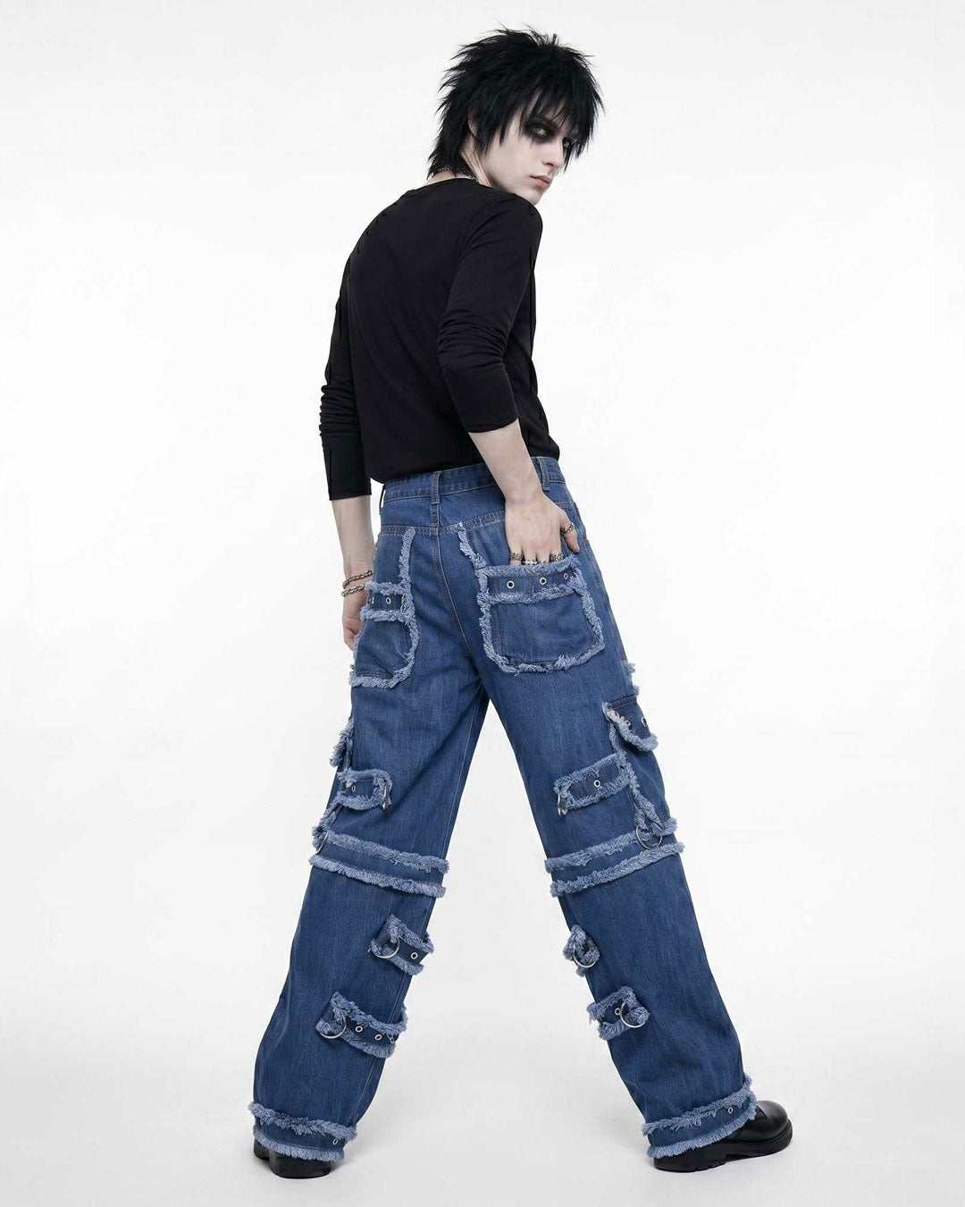 Y2K Distressed Black Denim Cargo Pants