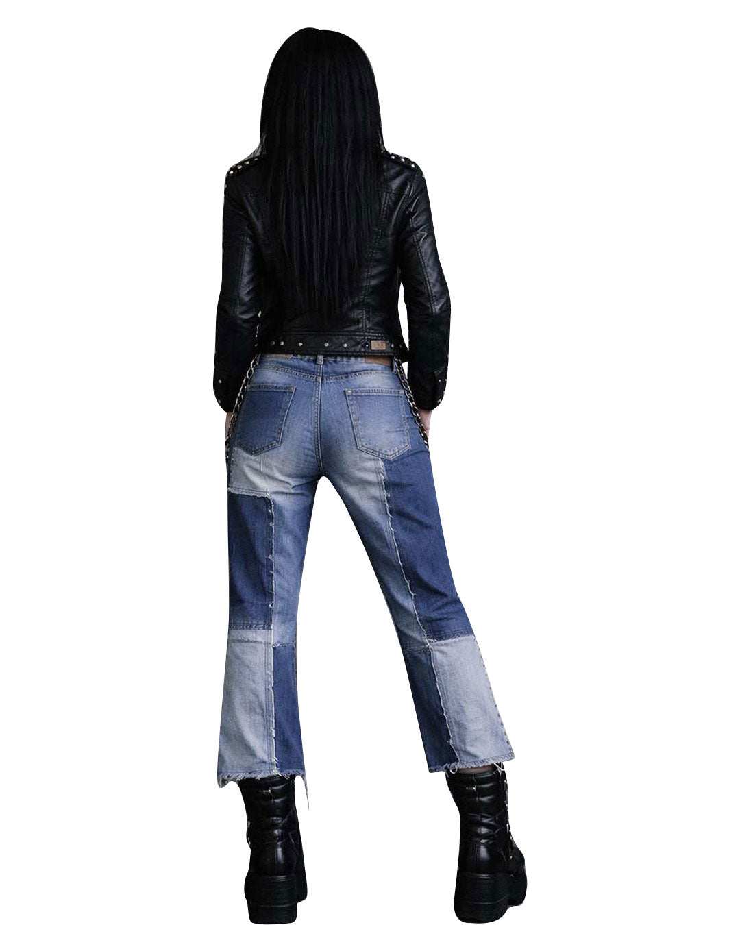 Women's grunge Y2K patchwork denim jeans, styling detail
