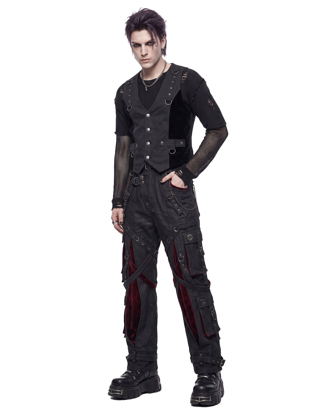 Gothic pants for men styled with strappy vest – punk cargo pants front view