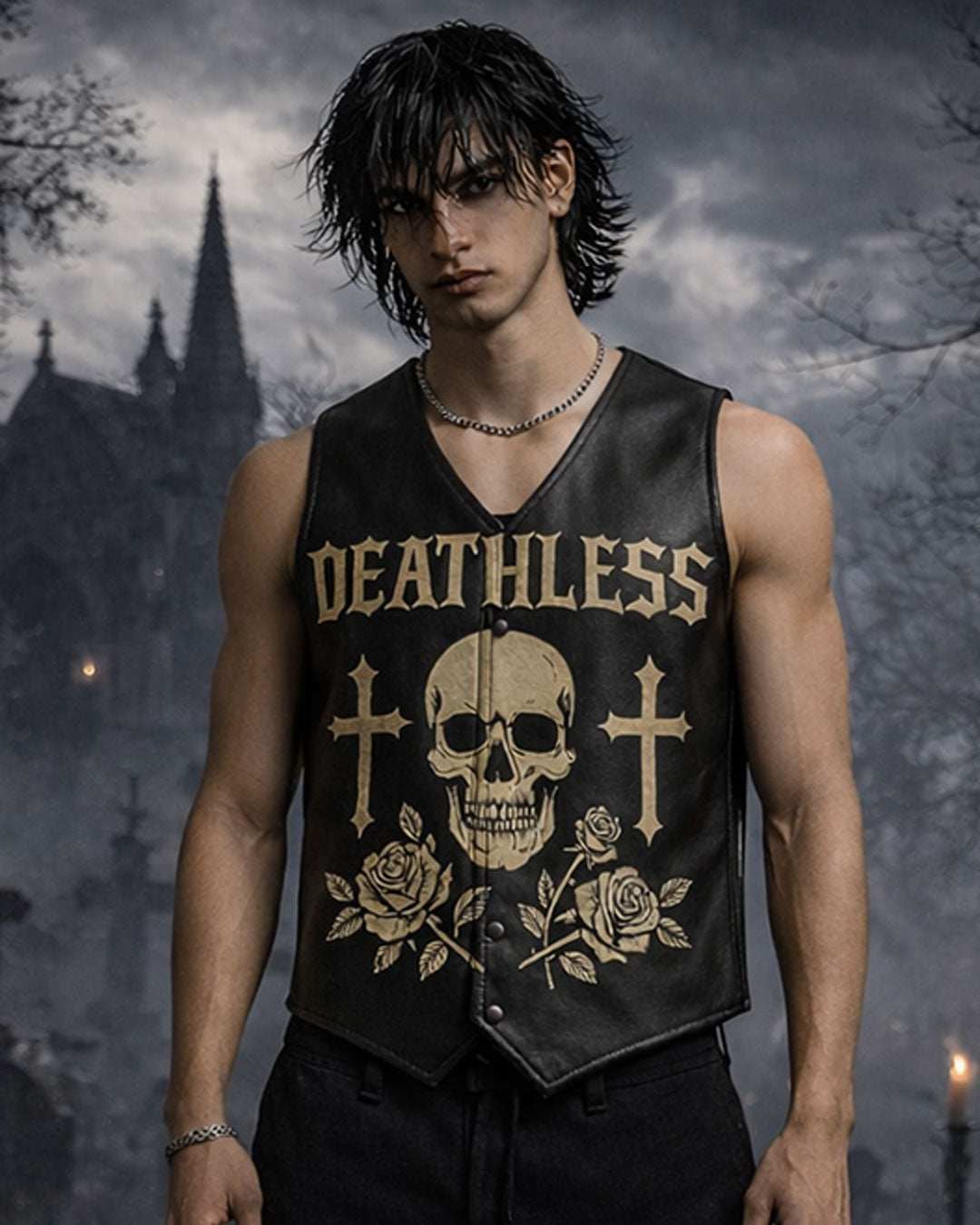 Deathless Skull Leather Vest in gothic streetwear style with skull and cross graphics